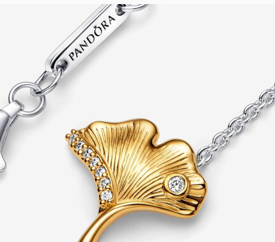 Pandora 925 Sterling Silver Gold 45cm Gingko Leaf Pendant Necklace-45 Clear CZ