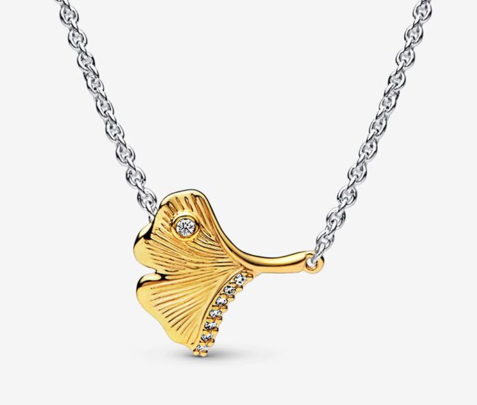 Pandora 925 Sterling Silver Gold 45cm Gingko Leaf Pendant Necklace-45 Clear CZ
