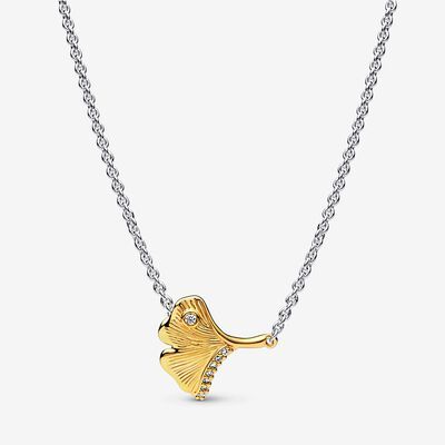 Pandora 925 Sterling Silver Gold 45cm Gingko Leaf Pendant Necklace-45 Clear CZ