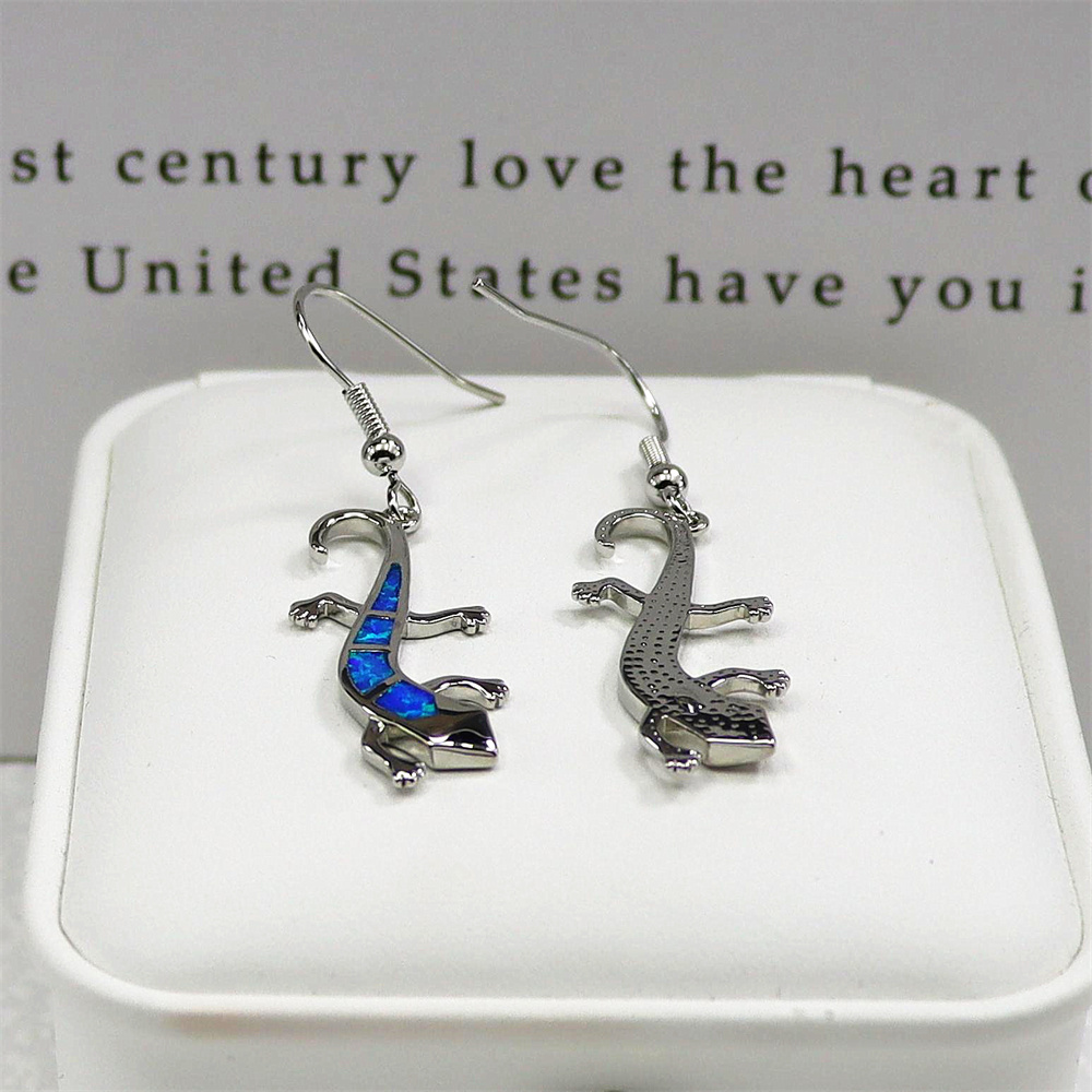 Lizard Dangle Earrings, White Opal Reptile Earrings, Delicate Animal Jewelry, Whimsical Gift for Women