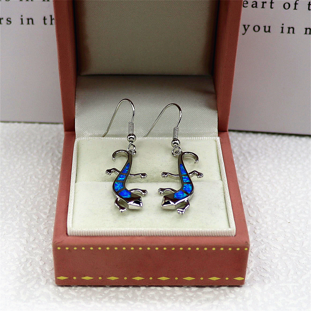 Lizard Dangle Earrings, White Opal Reptile Earrings, Delicate Animal Jewelry, Whimsical Gift for Women