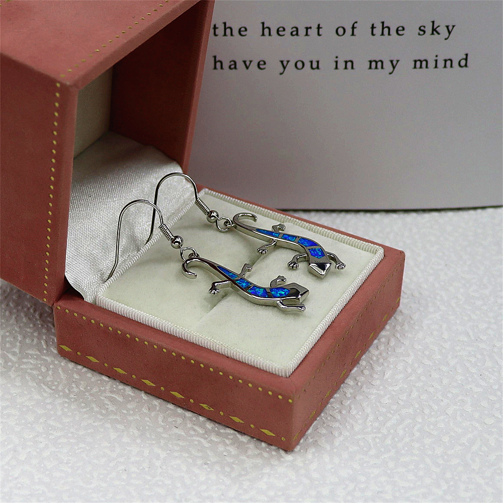 Lizard Dangle Earrings, White Opal Reptile Earrings, Delicate Animal Jewelry, Whimsical Gift for Women