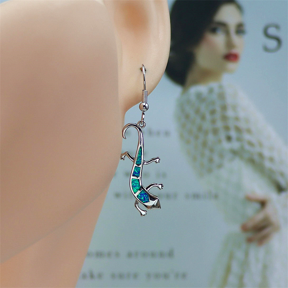 Lizard Dangle Earrings, White Opal Reptile Earrings, Delicate Animal Jewelry, Whimsical Gift for Women