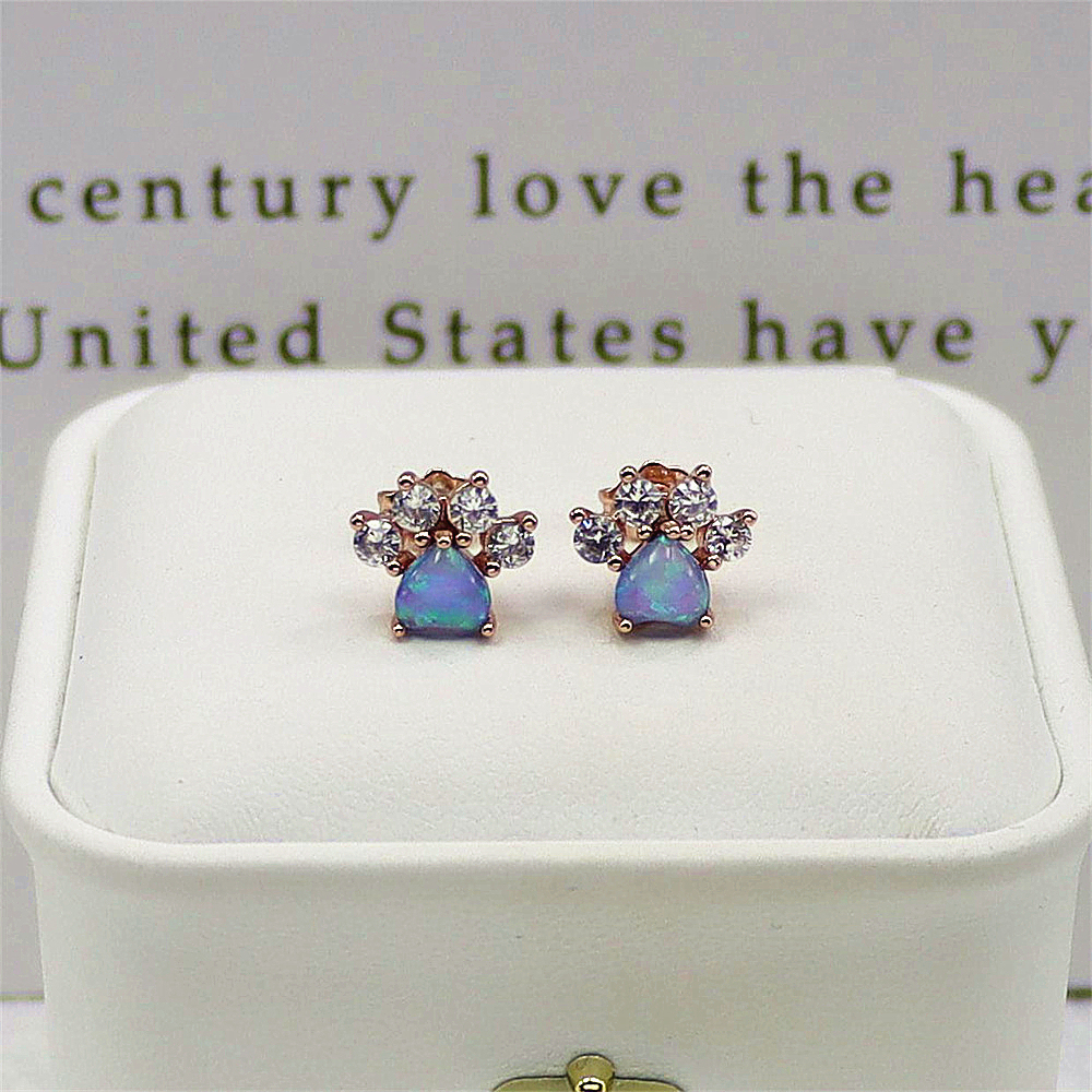 Rose Gold Cat Paw Earrings, Pink Opal and Opal Animal Earrings, Dainty Whimsical Jewelry, Sweet Gift for Women
