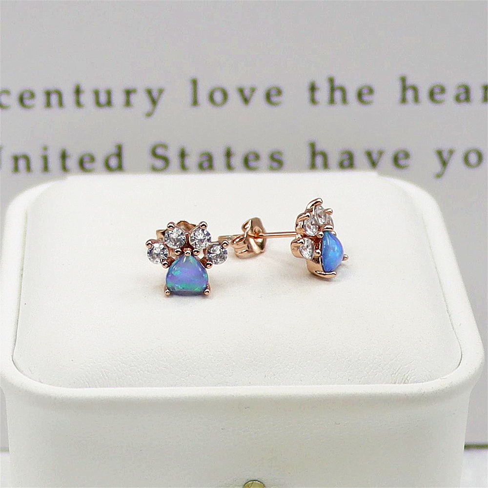 Rose Gold Cat Paw Earrings, Pink Opal and Opal Animal Earrings, Dainty Whimsical Jewelry, Sweet Gift for Women