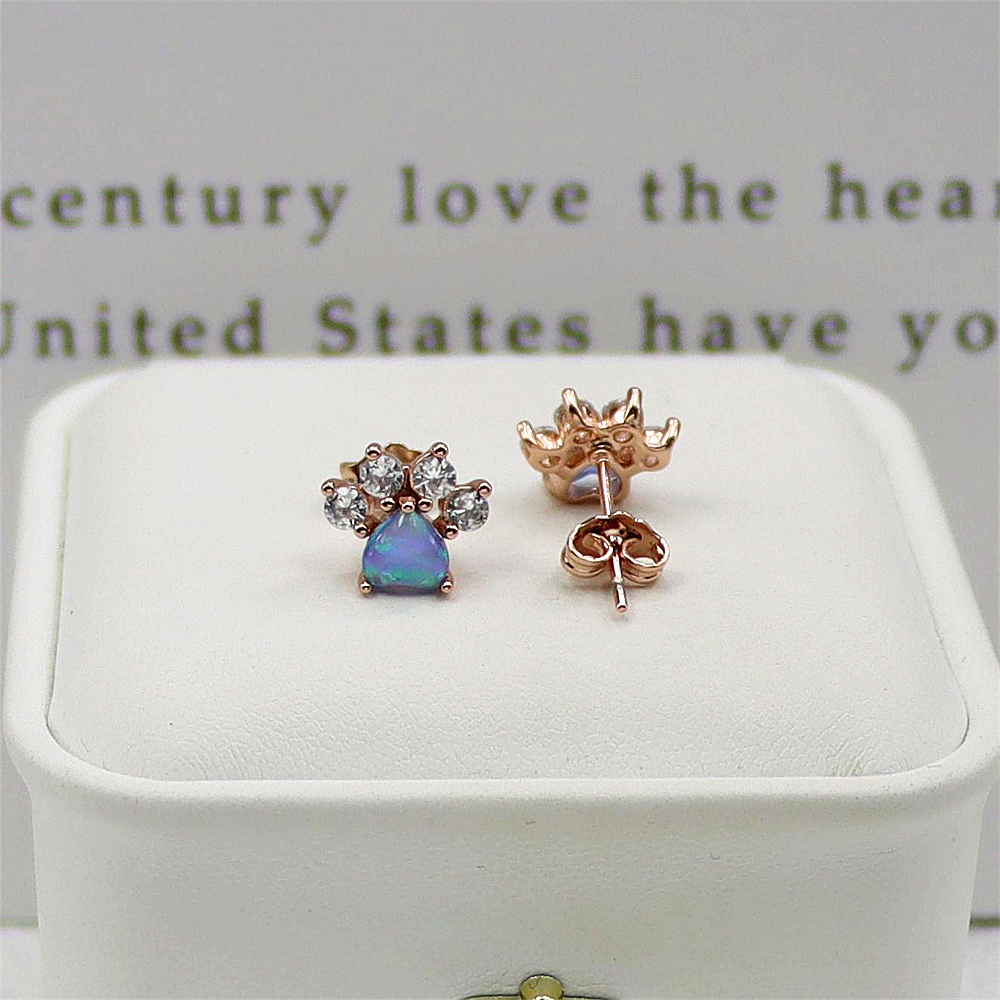 Rose Gold Cat Paw Earrings, Pink Opal and Opal Animal Earrings, Dainty Whimsical Jewelry, Sweet Gift for Women