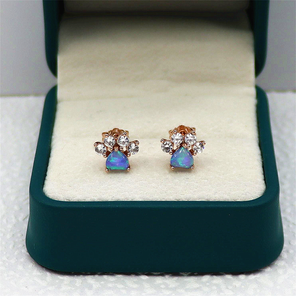 Rose Gold Cat Paw Earrings, Pink Opal and Opal Animal Earrings, Dainty Whimsical Jewelry, Sweet Gift for Women