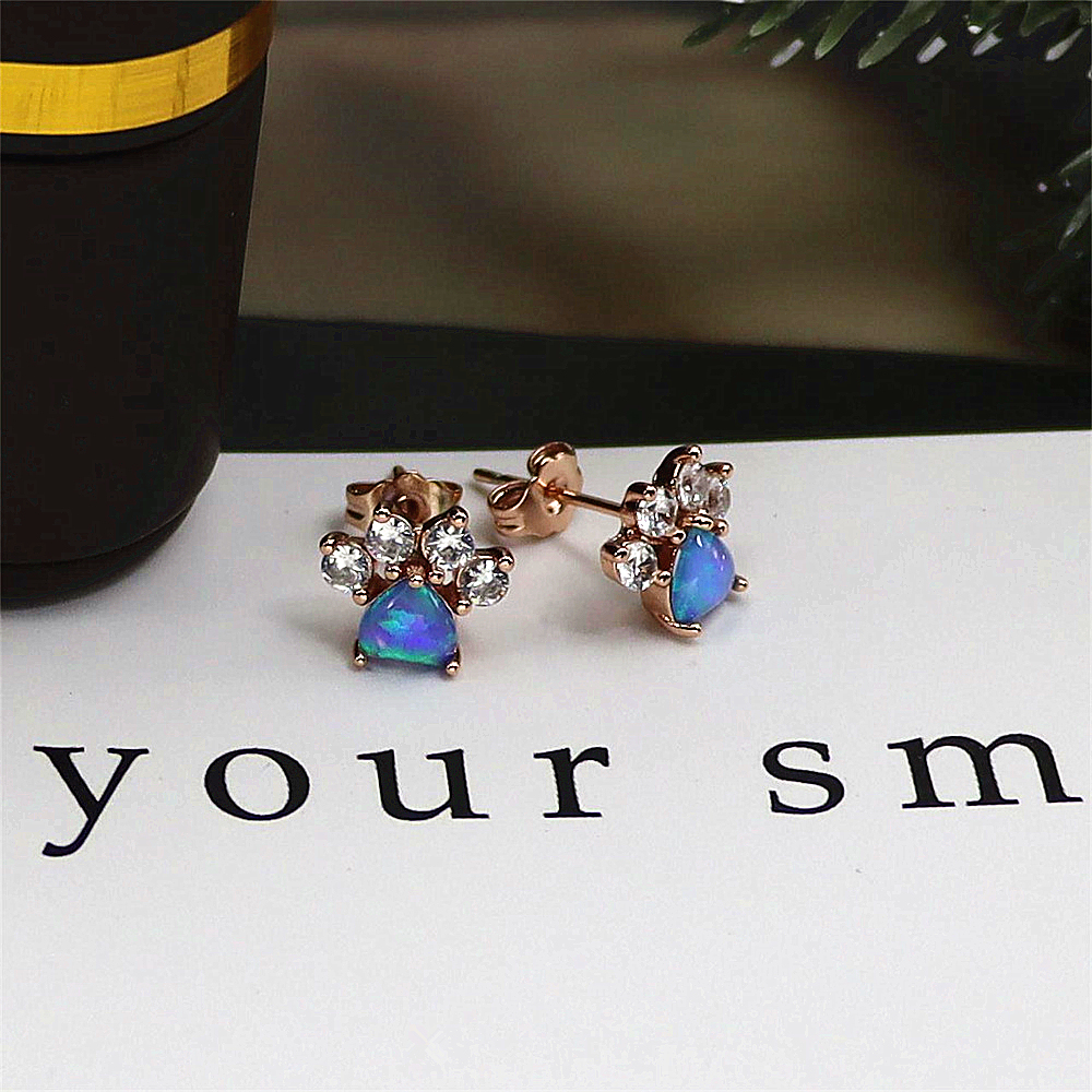 Rose Gold Cat Paw Earrings, Pink Opal and Opal Animal Earrings, Dainty Whimsical Jewelry, Sweet Gift for Women