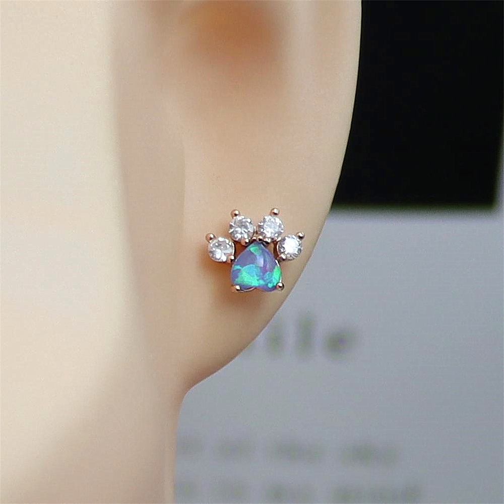 Rose Gold Cat Paw Earrings, Pink Opal and Opal Animal Earrings, Dainty Whimsical Jewelry, Sweet Gift for Women