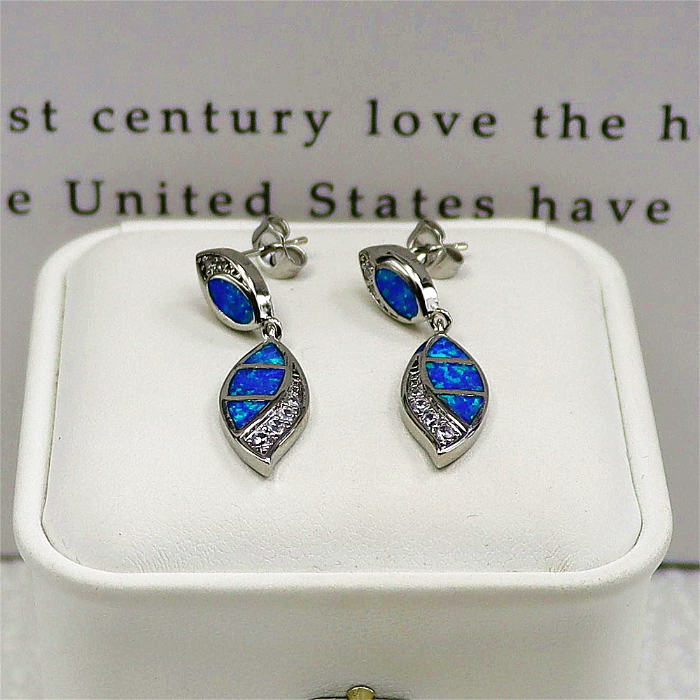 Double Teardrop Earrings, Blue Opal with White Zircon Accents, Elegant Dangle Jewelry, Luxury Gift for Women