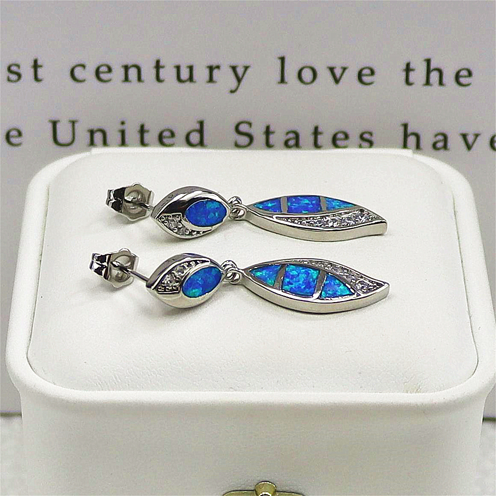 Double Teardrop Earrings, Blue Opal with White Zircon Accents, Elegant Dangle Jewelry, Luxury Gift for Women