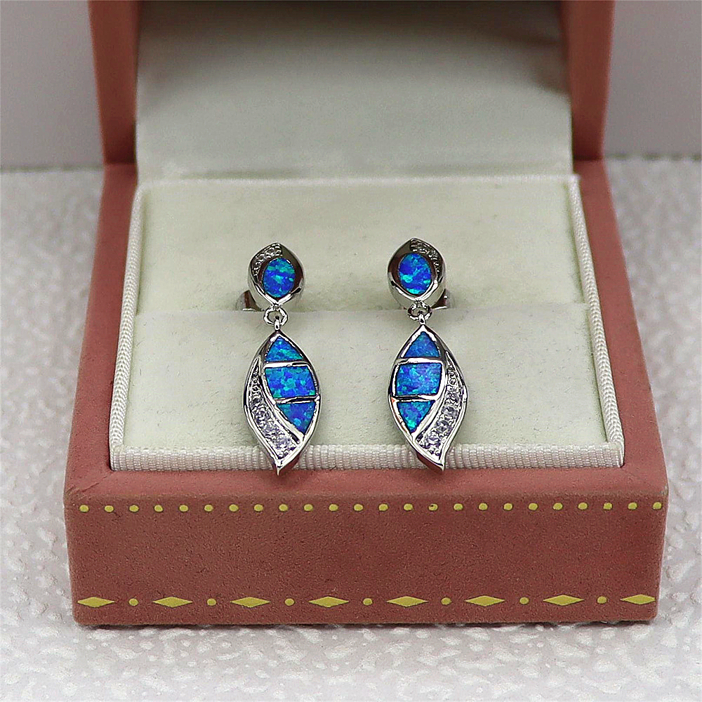 Double Teardrop Earrings, Blue Opal with White Zircon Accents, Elegant Dangle Jewelry, Luxury Gift for Women