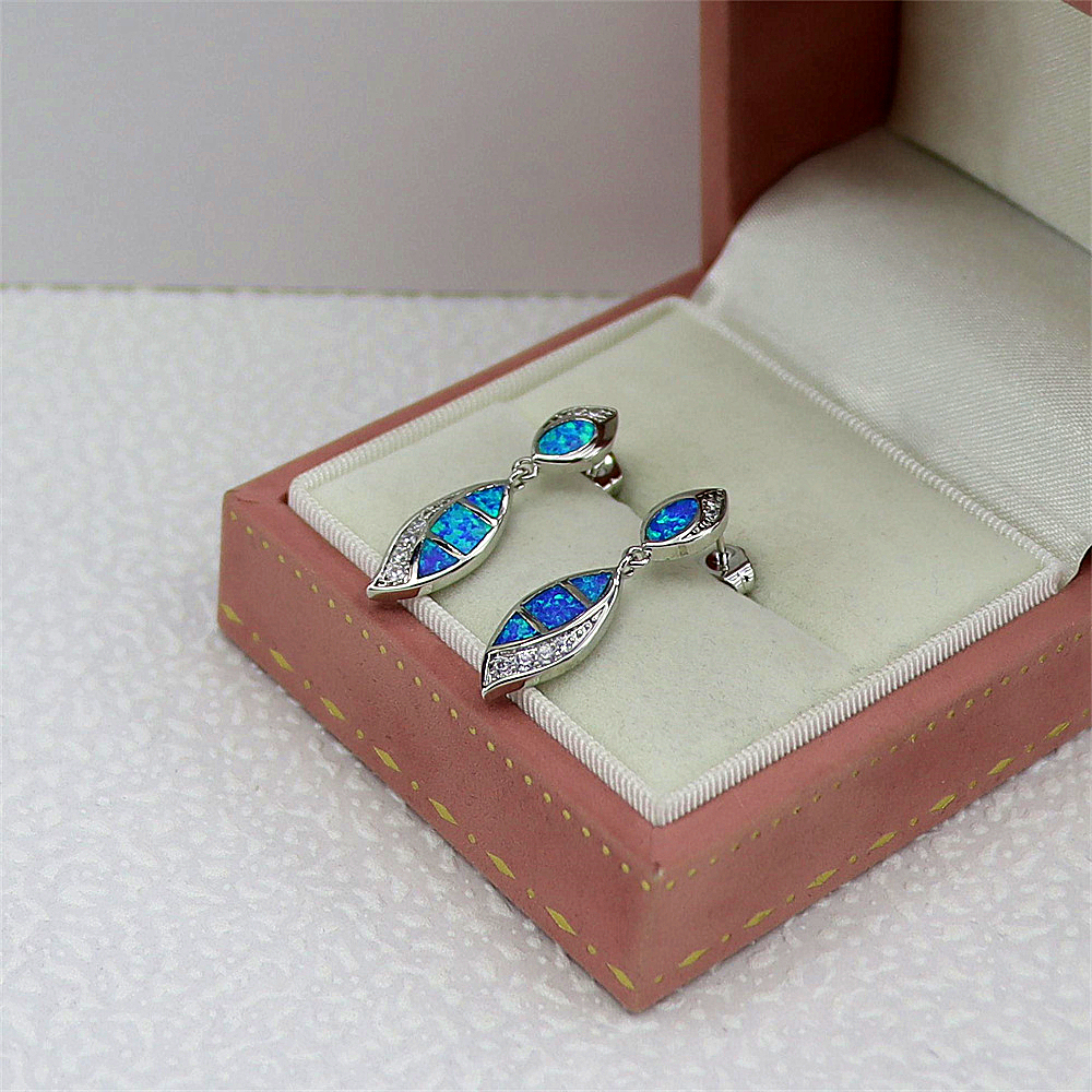 Double Teardrop Earrings, Blue Opal with White Zircon Accents, Elegant Dangle Jewelry, Luxury Gift for Women