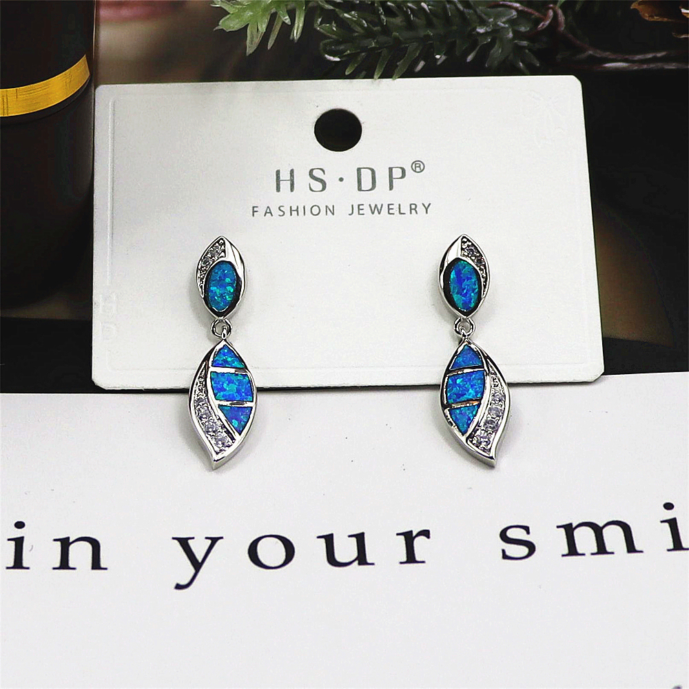 Double Teardrop Earrings, Blue Opal with White Zircon Accents, Elegant Dangle Jewelry, Luxury Gift for Women