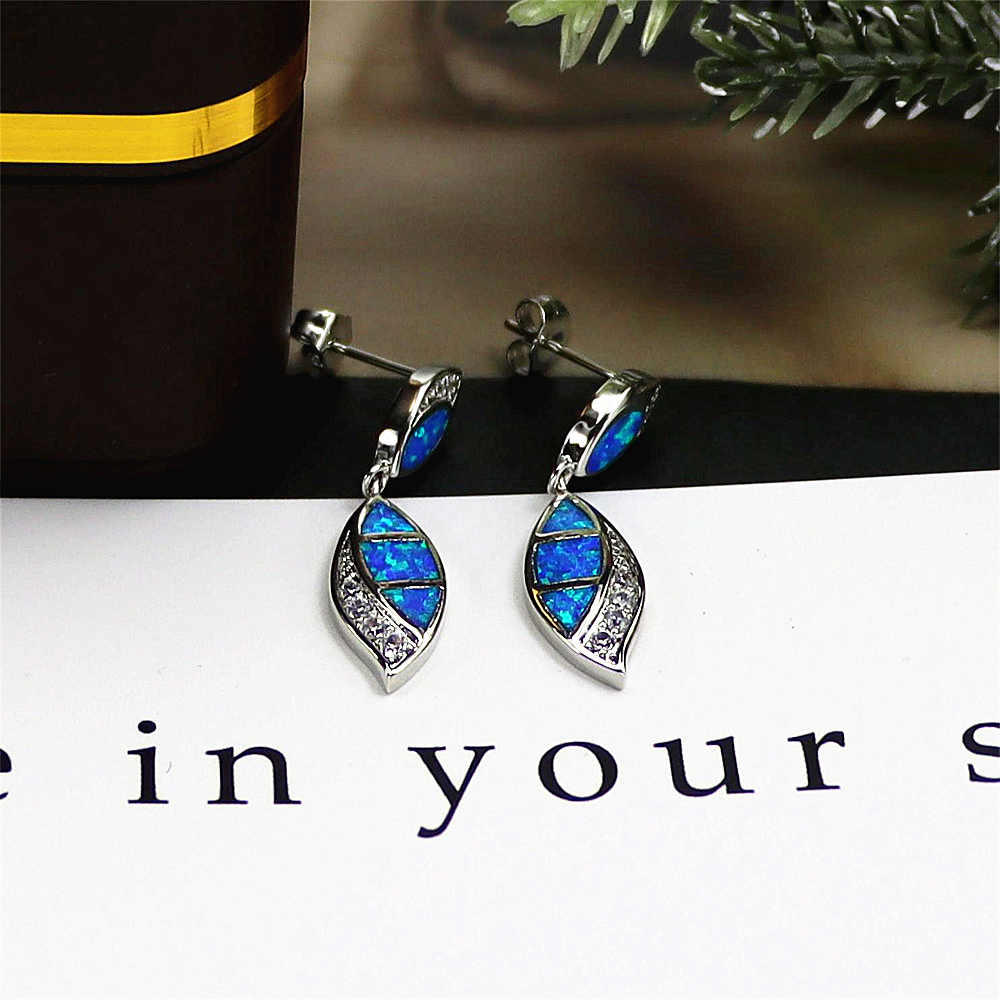 Double Teardrop Earrings, Blue Opal with White Zircon Accents, Elegant Dangle Jewelry, Luxury Gift for Women