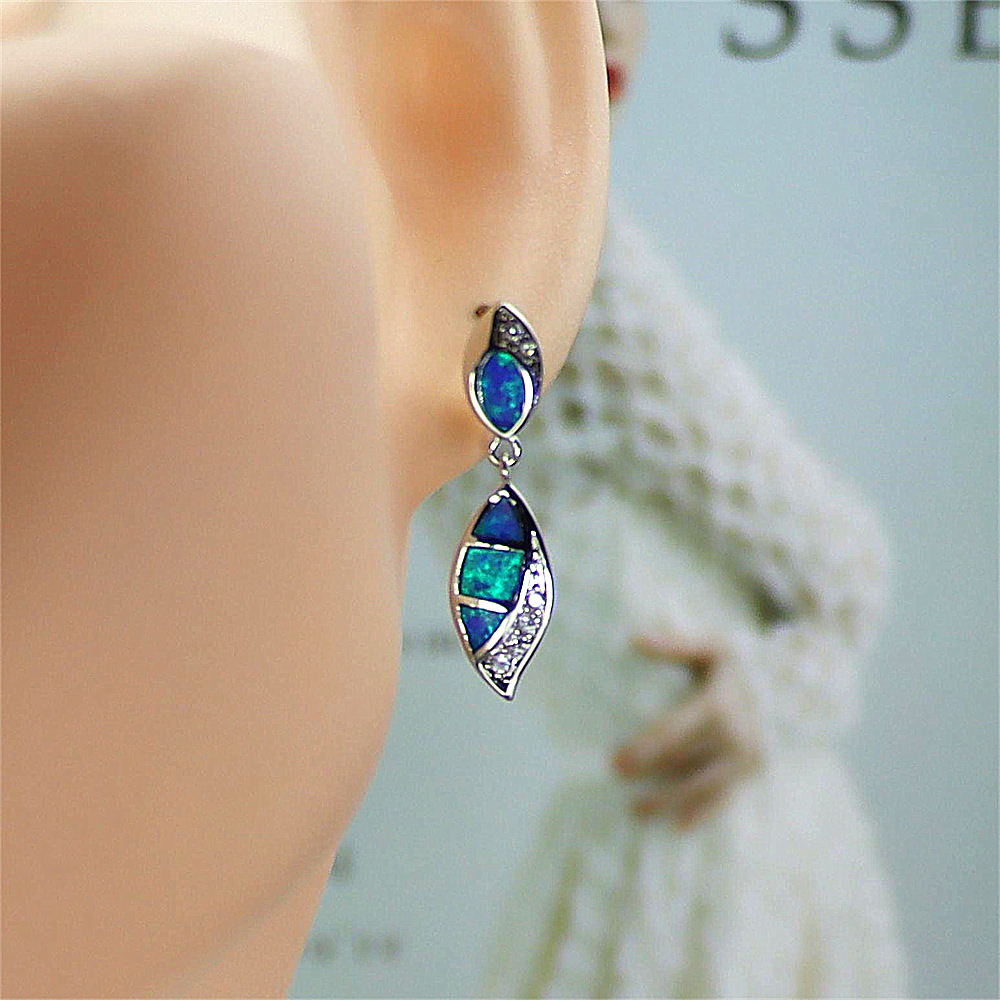 Double Teardrop Earrings, Blue Opal with White Zircon Accents, Elegant Dangle Jewelry, Luxury Gift for Women