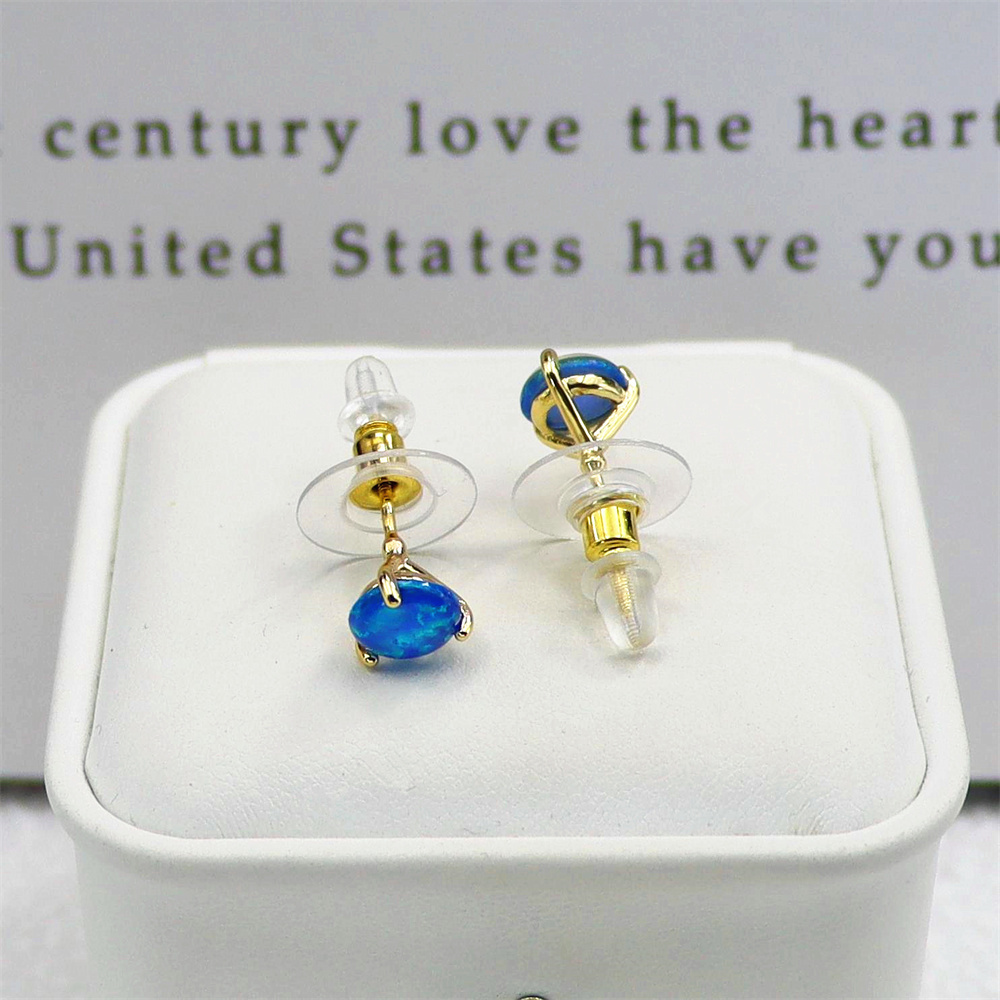 Ocean Eye Studs, Three-Prong Setting with Blue Opal, Minimalist Celestial Jewelry, Serene Gift for Her