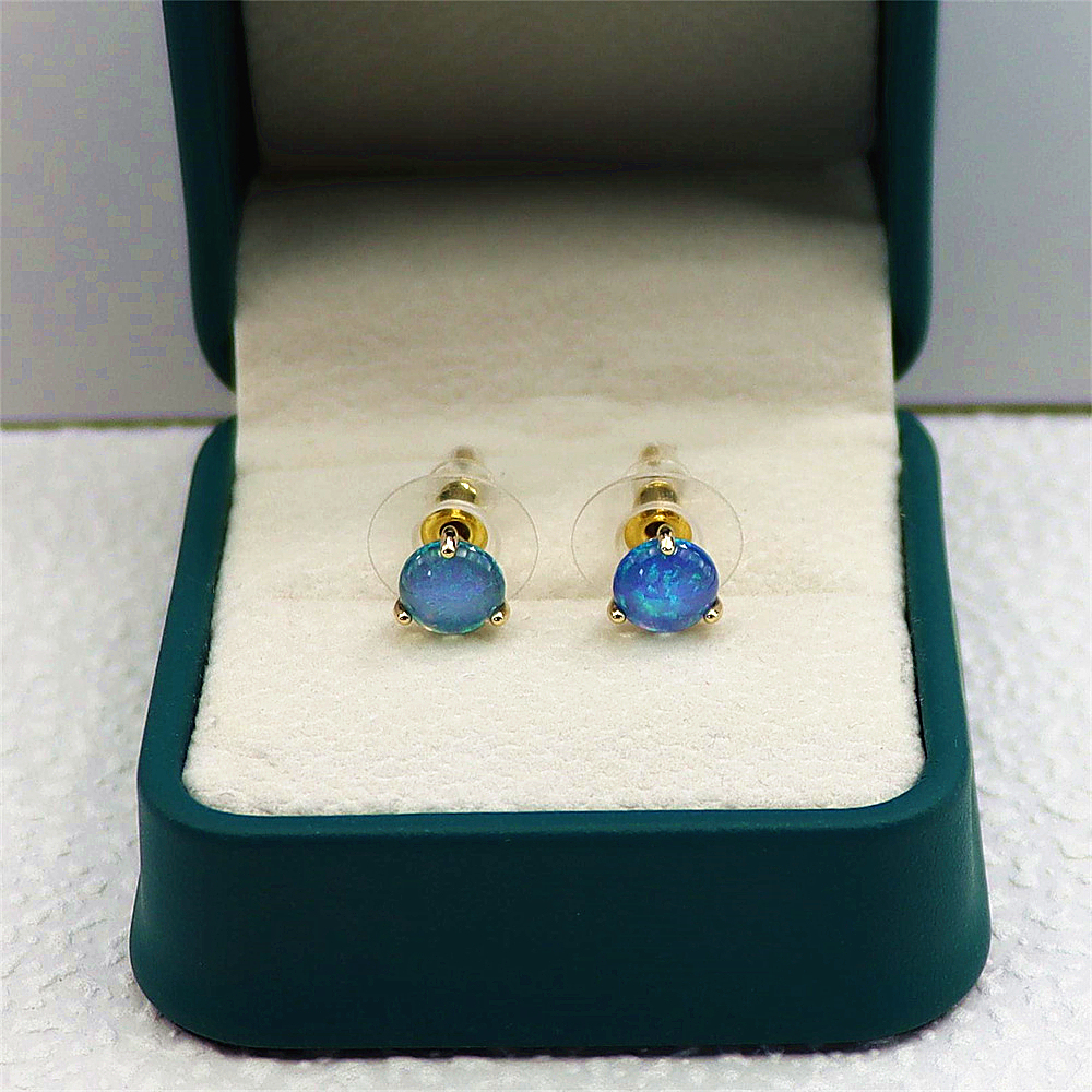 Ocean Eye Studs, Three-Prong Setting with Blue Opal, Minimalist Celestial Jewelry, Serene Gift for Her