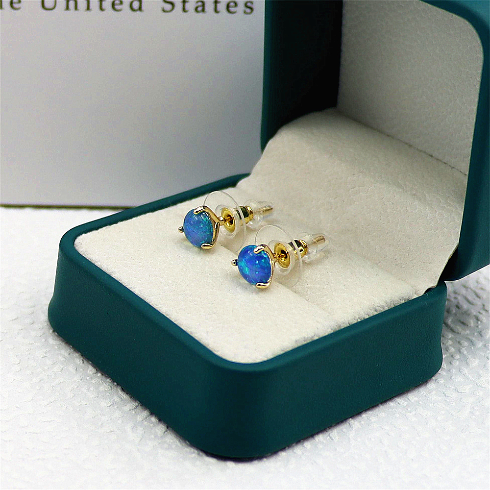Ocean Eye Studs, Three-Prong Setting with Blue Opal, Minimalist Celestial Jewelry, Serene Gift for Her