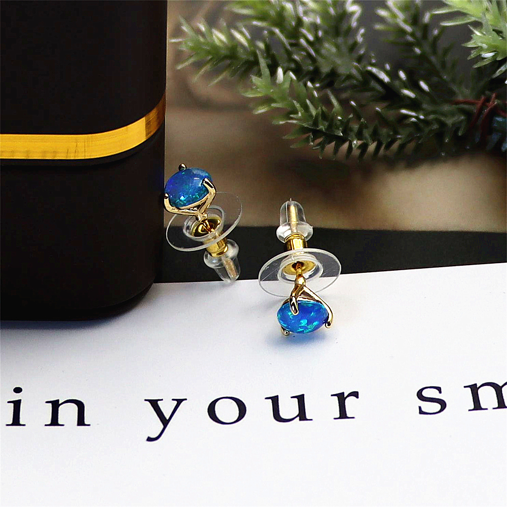Ocean Eye Studs, Three-Prong Setting with Blue Opal, Minimalist Celestial Jewelry, Serene Gift for Her