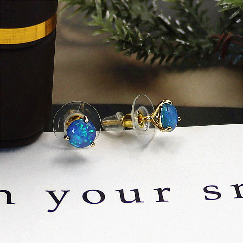 Ocean Eye Studs, Three-Prong Setting with Blue Opal, Minimalist Celestial Jewelry, Serene Gift for Her