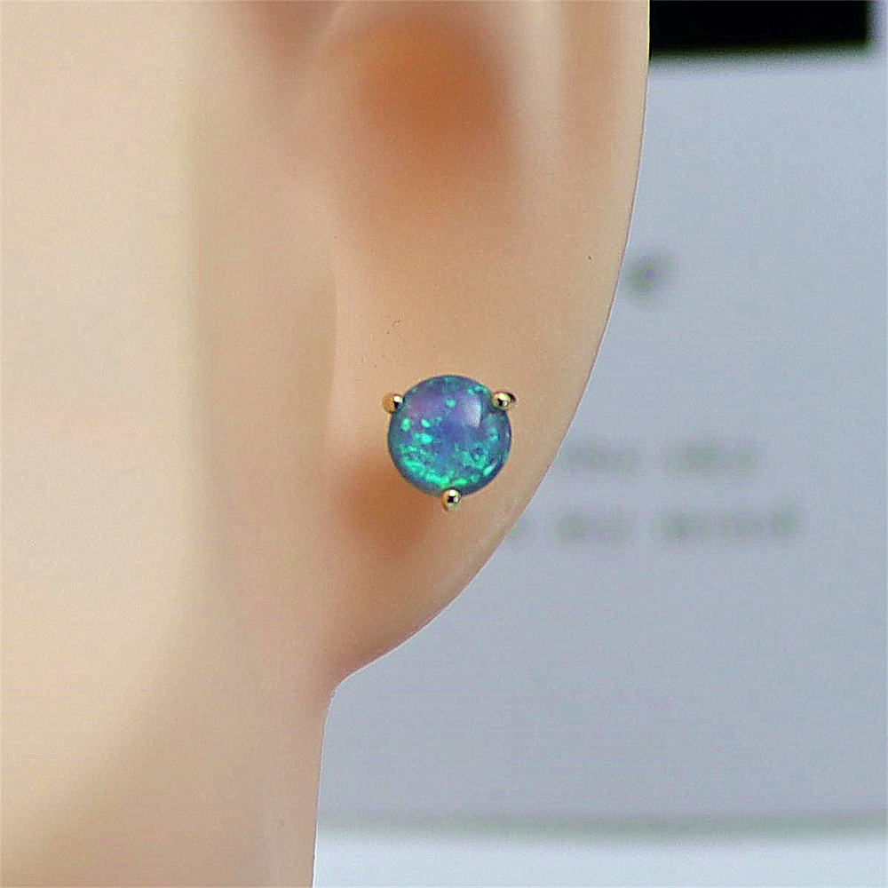 Ocean Eye Studs, Three-Prong Setting with Blue Opal, Minimalist Celestial Jewelry, Serene Gift for Her