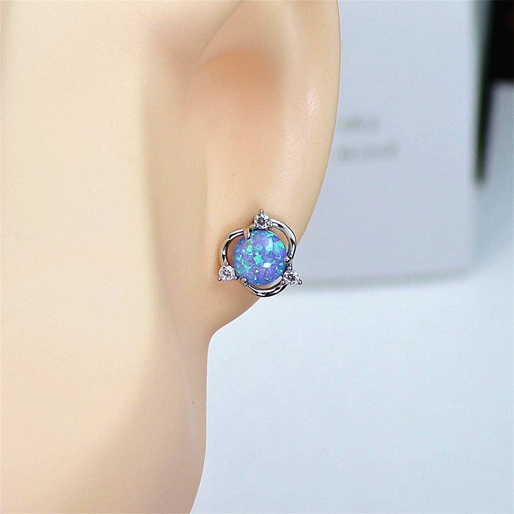 Spinning Blue Opal Earrings, Rotating Opal Circle with Zircon Halo, Dynamic Statement Jewelry, Unique Gift for Women