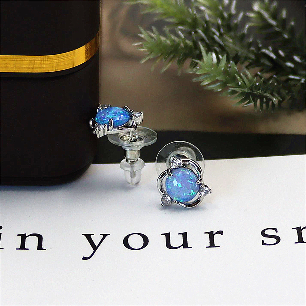 Spinning Blue Opal Earrings, Rotating Opal Circle with Zircon Halo, Dynamic Statement Jewelry, Unique Gift for Women