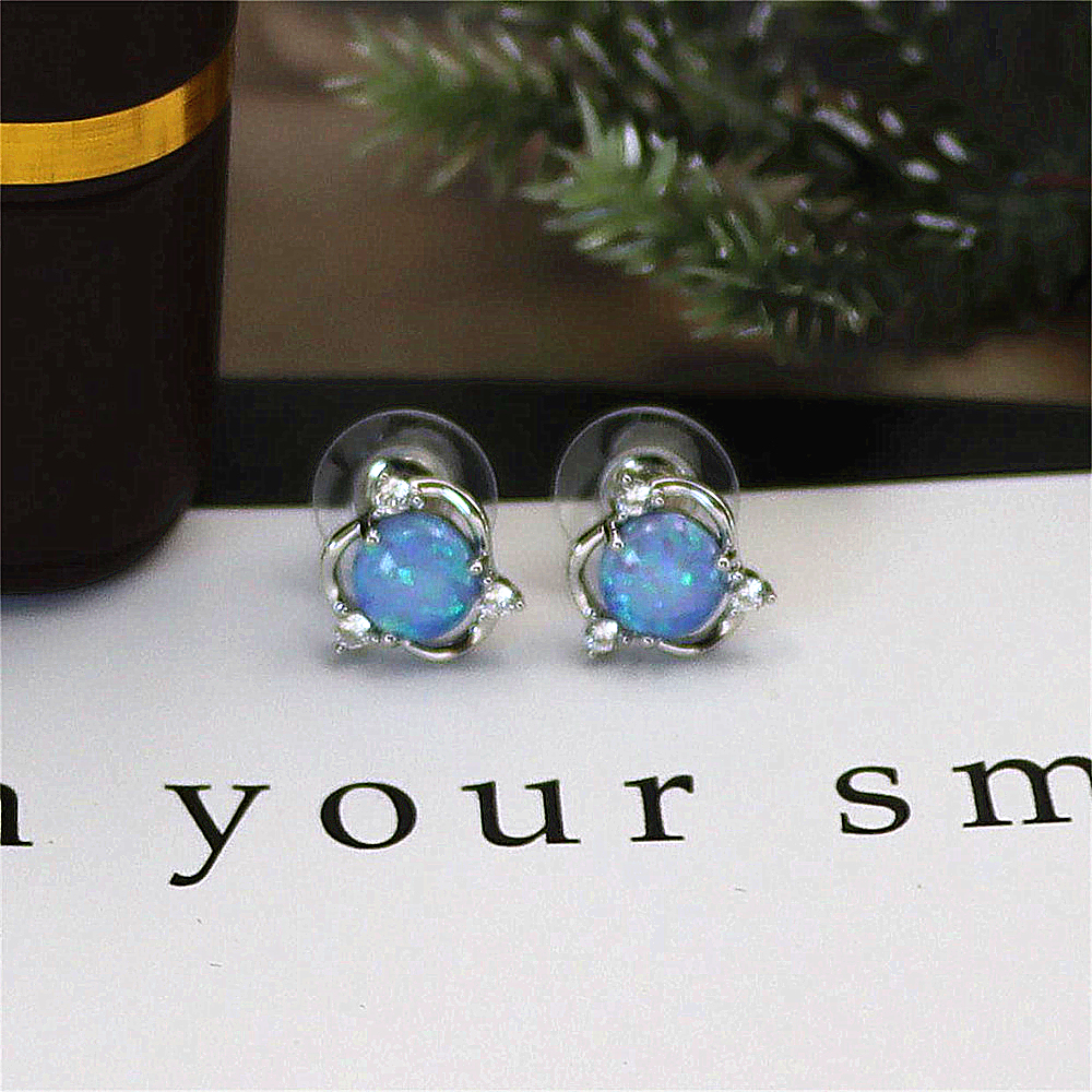 Spinning Blue Opal Earrings, Rotating Opal Circle with Zircon Halo, Dynamic Statement Jewelry, Unique Gift for Women
