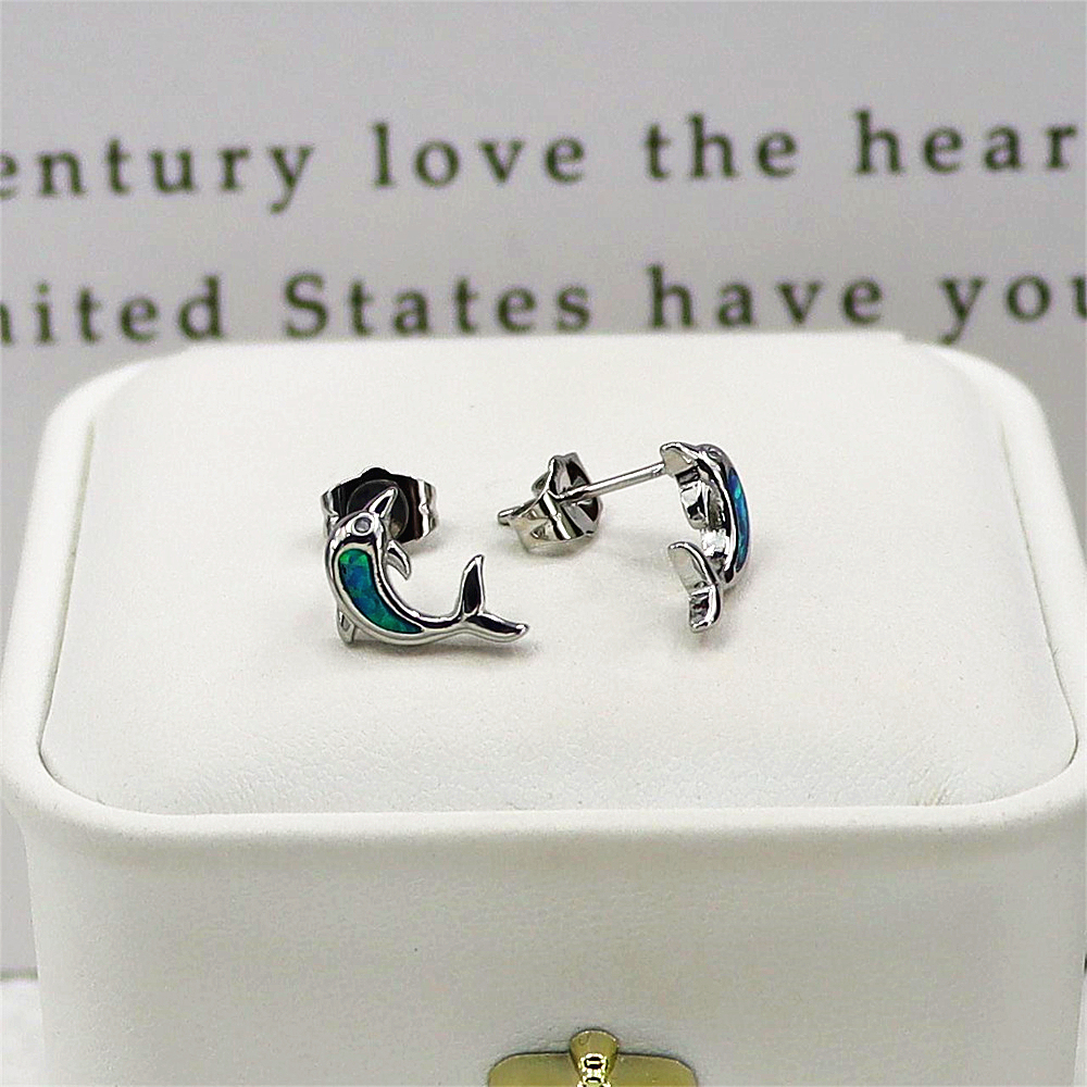 Dolphin Stud Earrings, Opal Marine Animal Earrings, Delicate Ocean Jewelry, Enchanted Gift for Women