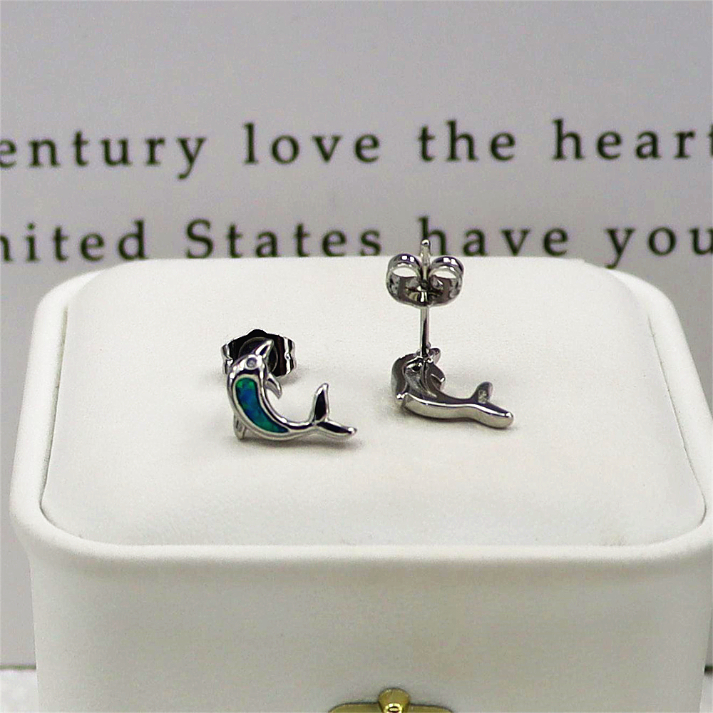 Dolphin Stud Earrings, Opal Marine Animal Earrings, Delicate Ocean Jewelry, Enchanted Gift for Women