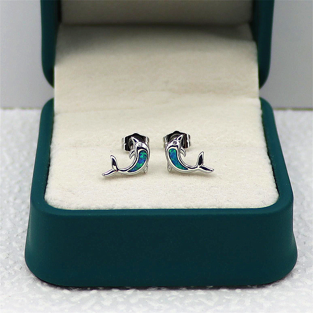 Dolphin Stud Earrings, Opal Marine Animal Earrings, Delicate Ocean Jewelry, Enchanted Gift for Women