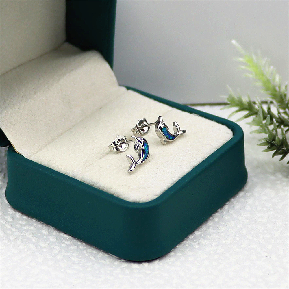 Dolphin Stud Earrings, Opal Marine Animal Earrings, Delicate Ocean Jewelry, Enchanted Gift for Women