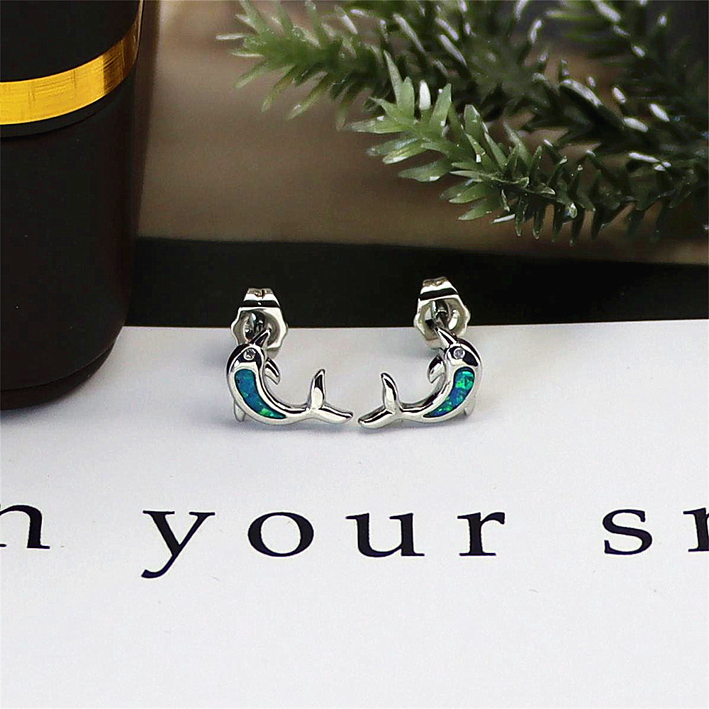 Dolphin Stud Earrings, Opal Marine Animal Earrings, Delicate Ocean Jewelry, Enchanted Gift for Women