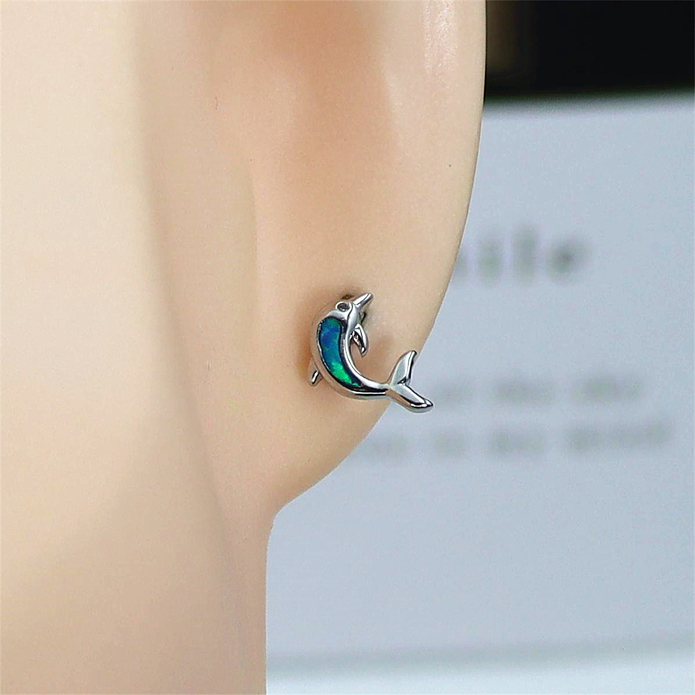 Dolphin Stud Earrings, Opal Marine Animal Earrings, Delicate Ocean Jewelry, Enchanted Gift for Women