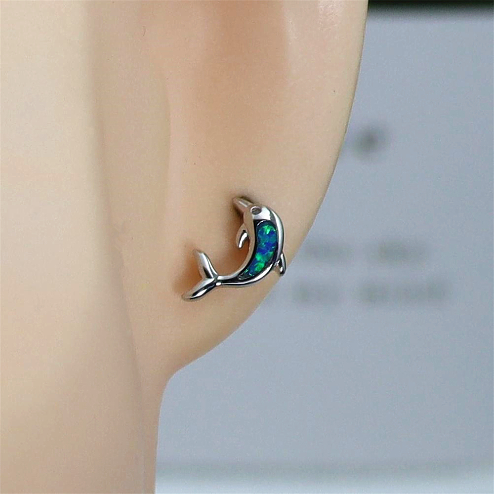 Dolphin Stud Earrings, Opal Marine Animal Earrings, Delicate Ocean Jewelry, Enchanted Gift for Women