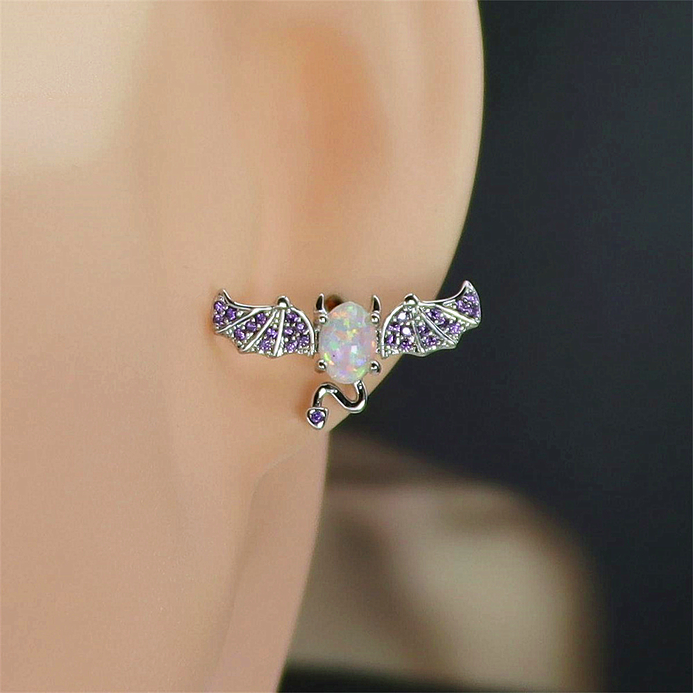 Bat Wing Stud Earrings, White Opal with Micro-Pavé Zircon, Dark Elegant Jewelry, Unique Gothic Gift for Women