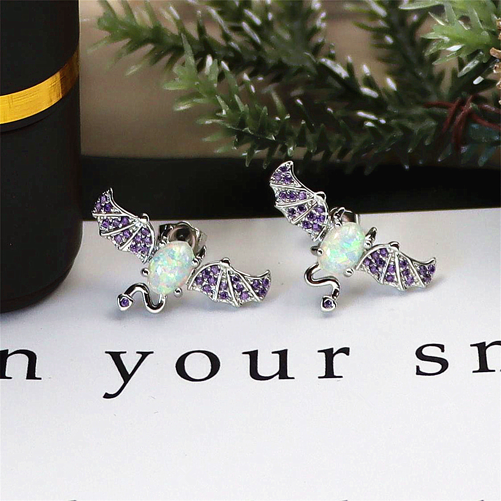 Bat Wing Stud Earrings, White Opal with Micro-Pavé Zircon, Dark Elegant Jewelry, Unique Gothic Gift for Women