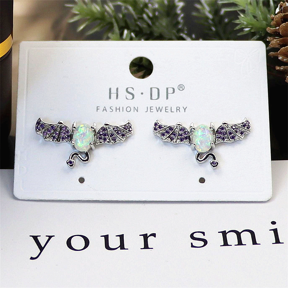 Bat Wing Stud Earrings, White Opal with Micro-Pavé Zircon, Dark Elegant Jewelry, Unique Gothic Gift for Women