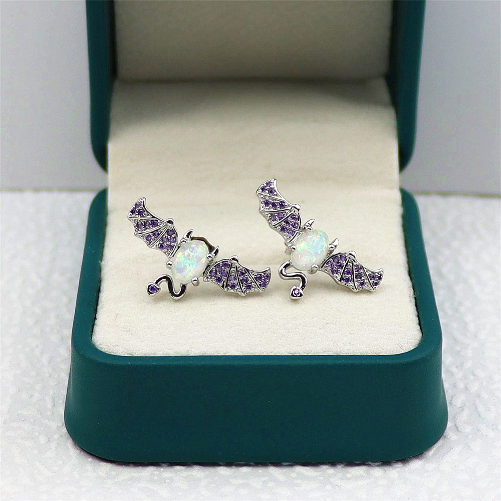 Bat Wing Stud Earrings, White Opal with Micro-Pavé Zircon, Dark Elegant Jewelry, Unique Gothic Gift for Women