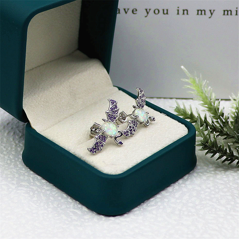 Bat Wing Stud Earrings, White Opal with Micro-Pavé Zircon, Dark Elegant Jewelry, Unique Gothic Gift for Women