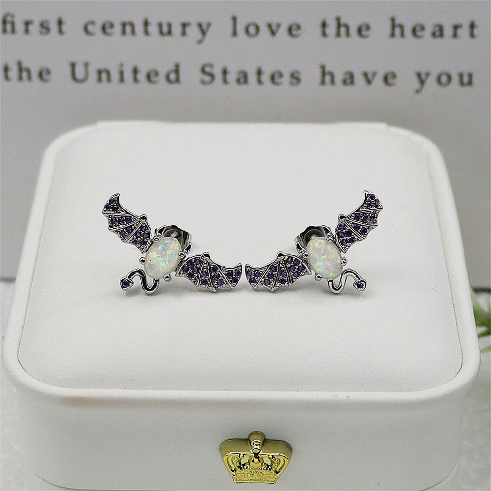 Bat Wing Stud Earrings, White Opal with Micro-Pavé Zircon, Dark Elegant Jewelry, Unique Gothic Gift for Women
