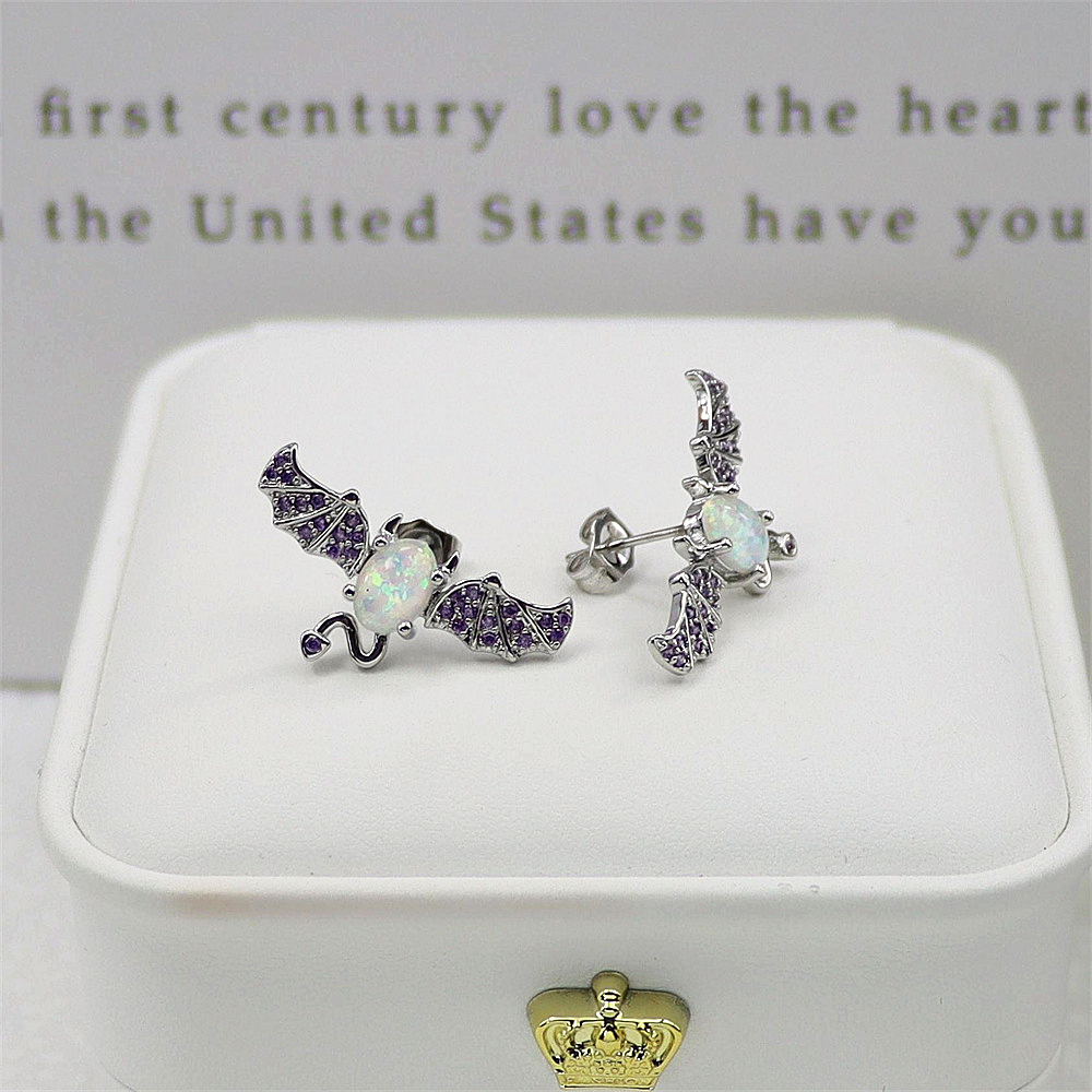 Bat Wing Stud Earrings, White Opal with Micro-Pavé Zircon, Dark Elegant Jewelry, Unique Gothic Gift for Women