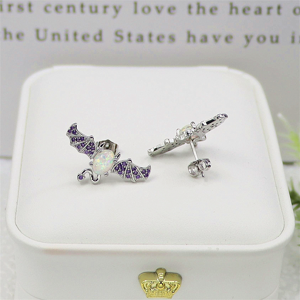 Bat Wing Stud Earrings, White Opal with Micro-Pavé Zircon, Dark Elegant Jewelry, Unique Gothic Gift for Women