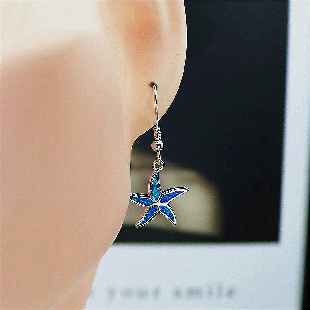 Starfish Dangle Earrings, White Gold Plated Blue Opal Earrings, Nautical Statement Jewelry, Elegant Gift for Women