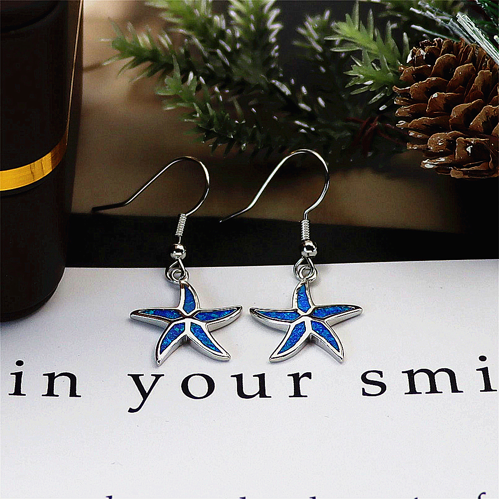Starfish Dangle Earrings, White Gold Plated Blue Opal Earrings, Nautical Statement Jewelry, Elegant Gift for Women