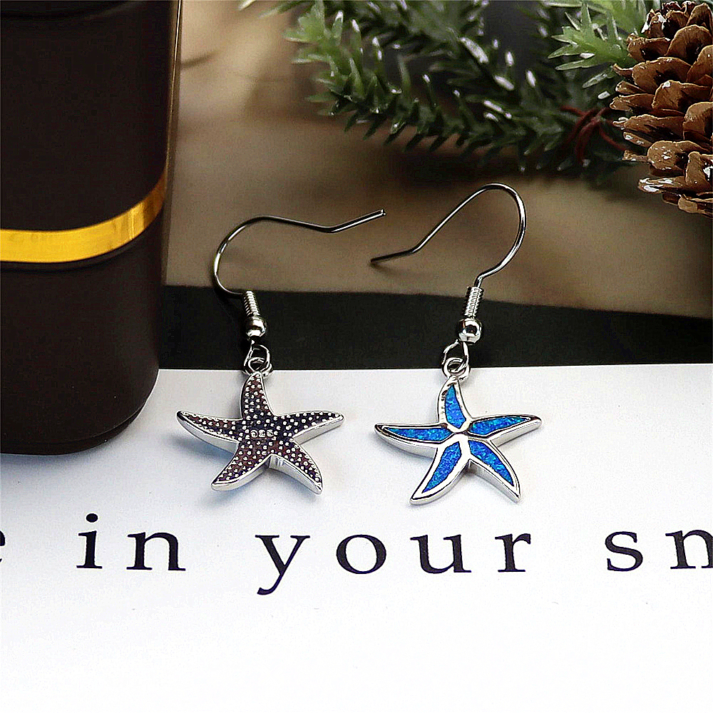 Starfish Dangle Earrings, White Gold Plated Blue Opal Earrings, Nautical Statement Jewelry, Elegant Gift for Women