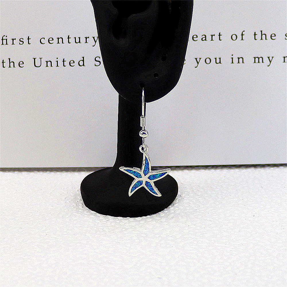 Starfish Dangle Earrings, White Gold Plated Blue Opal Earrings, Nautical Statement Jewelry, Elegant Gift for Women