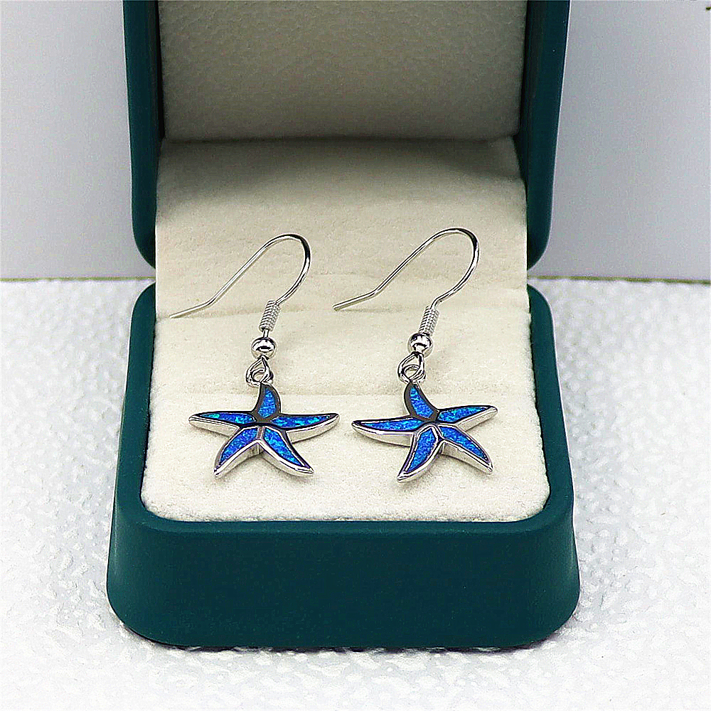 Starfish Dangle Earrings, White Gold Plated Blue Opal Earrings, Nautical Statement Jewelry, Elegant Gift for Women