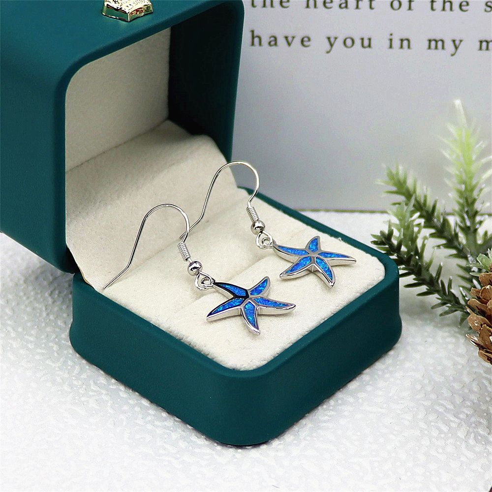 Starfish Dangle Earrings, White Gold Plated Blue Opal Earrings, Nautical Statement Jewelry, Elegant Gift for Women